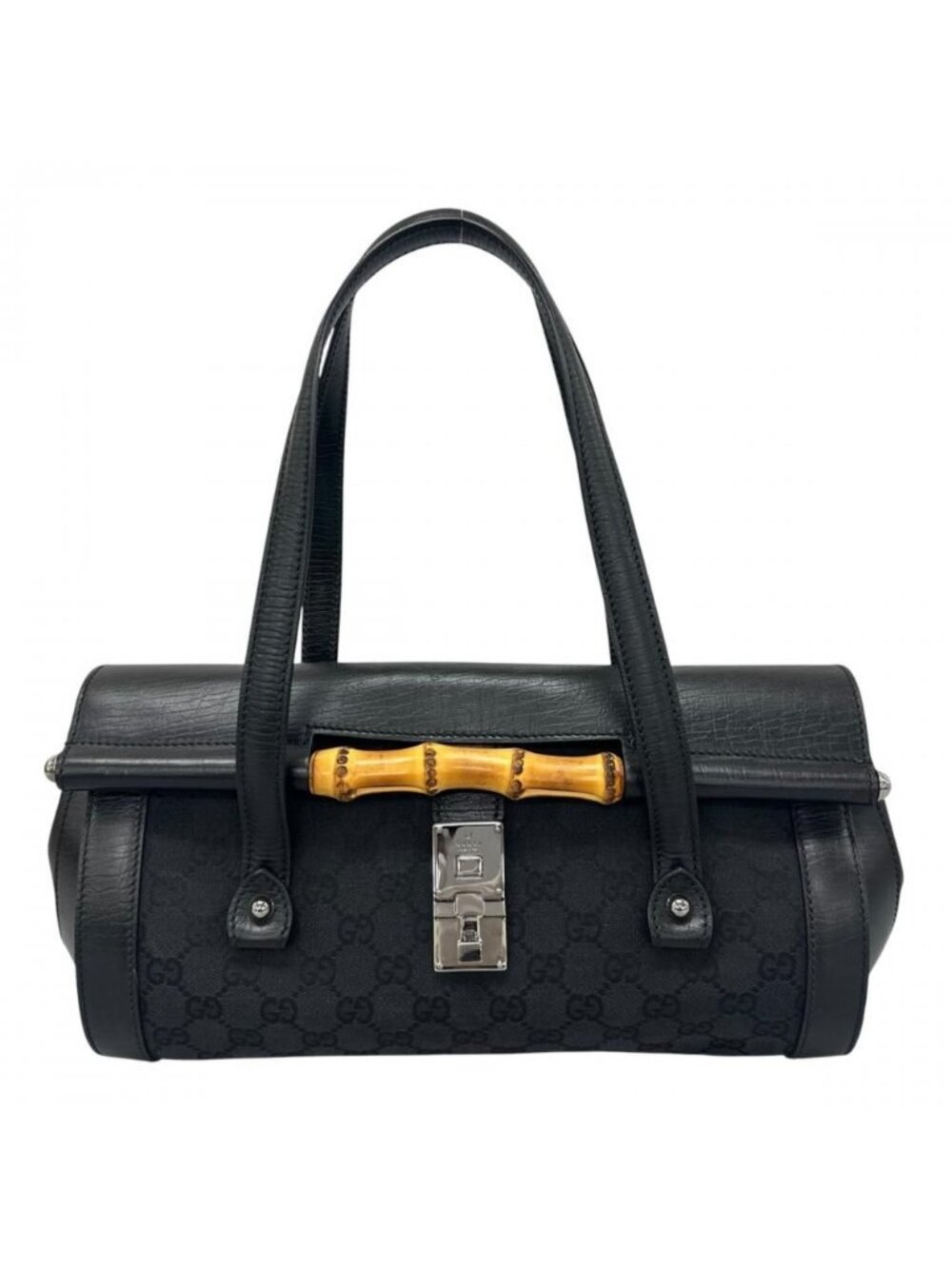 Gucci Bamboo Shoulder Bag GG Canvas Black Silver